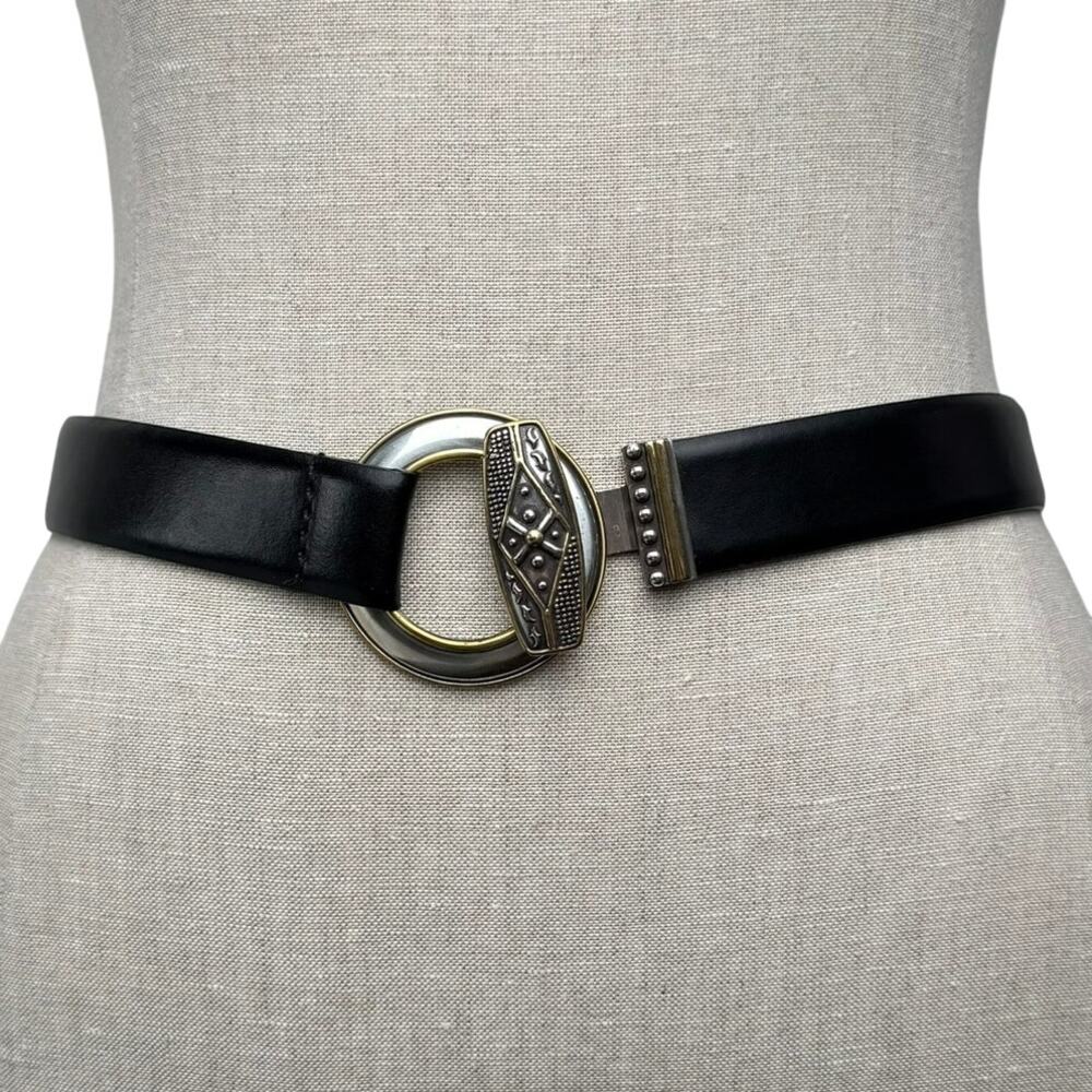 Chico’s Black Genuine Leather Belt Silver Gold Tone Stud Buckle Boho Western S/M